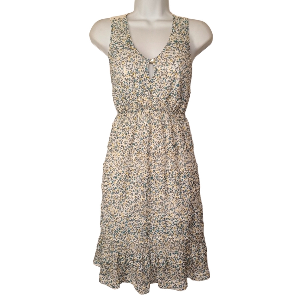 QUINTESSENTIAL Cream Blue Yellow Floral Print Lace Racerback Sleeveless Dress S